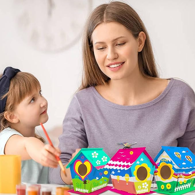 hapray 12 Pack Bird House Kit, DIY Birdhouse Kits, Wooden Crafts Arts for Children to Build and Paint (Includes Paints & Brushes) for Kids Girls Boys Toddlers Christmas Gift-BubblyBeeBaby