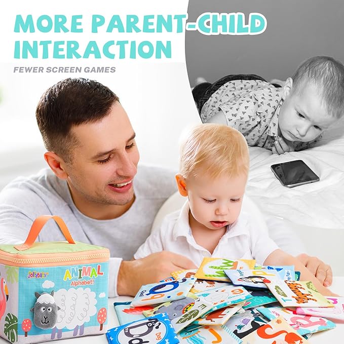 Jollybaby Reusable Soft Cloth ABC Alphabet/Letters Animal Flash Cards for Baby 0-3-6-9-12-18 Month, Curious Baby First Words Learning Activity Flashcards, Tummy Time Toy Gift for 1 Year Old Boy Girl-BubblyBeeBaby