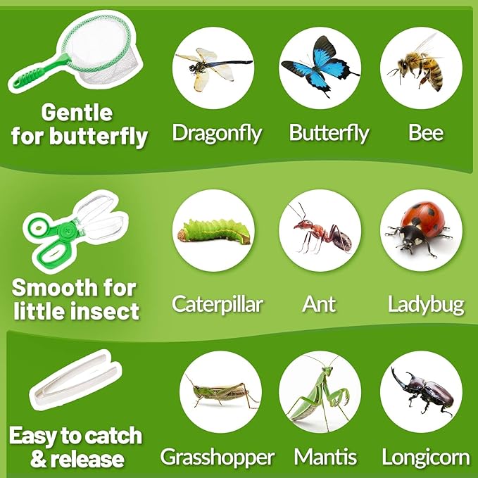 2 Set Bug Catcher for Kids- Educational Bug Catching Kit Including Butterfly Net, Insect Clip, Tweezer, Outdoor Toys for Kids Ages 3-10 (Green)-BubblyBeeBaby