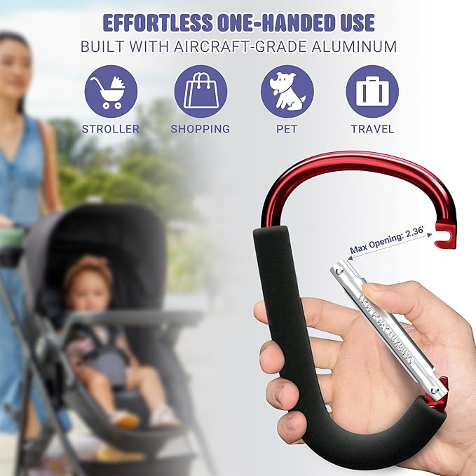 sprookber 6.7 Inch Large Stroller Hooks for Diaper Bags & Purses, Heavy Duty Mommy Hooks for Shopping, Grocery, Backpack – Baby Stroller Accessories, Set of 2 (Red)-BubblyBeeBaby