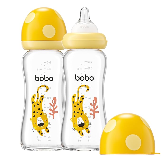 YOHKOH Natural Glass Baby Bottle with Natural Response Nipple, Newborn Anti-Colic Baby Bottles, Wide Neck Mushroom Cap Baby Bottle, Clear (8.8ounce (Pack of 2), Yellow2)-BubblyBeeBaby