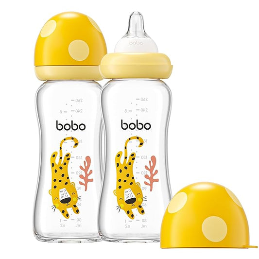 YOHKOH Natural Glass Baby Bottle with Natural Response Nipple, Newborn Anti-Colic Baby Bottles, Wide Neck Mushroom Cap Baby Bottle, Clear (8.8ounce (Pack of 2), Yellow2)-BubblyBeeBaby