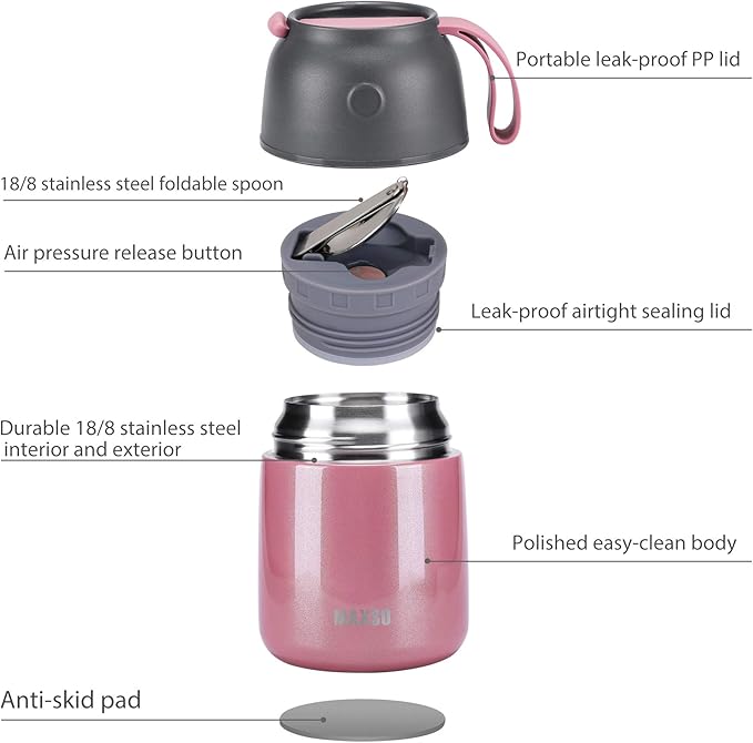 Insulated Food Jar for Hot & Cold Food for Kids Adult,17 oz Soup Thermo Hot Food Containers for Lunch, Triple Layer Insulation Stainless Steel Food Jar with Spoon (Pink)-BubblyBeeBaby