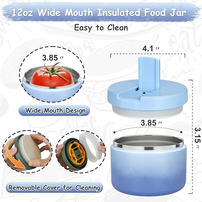 12oz Insulated Vacuum Food Jar with Buckle Lid Wide Mouth Soup Thermo for Hot Food Kids Leakproof Stainless Steel Lunch Container (Gradient Blue, 12OZ)-BubblyBeeBaby