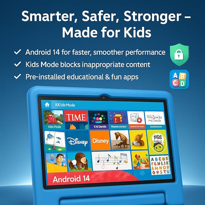 10.1" Kids Tablet Android 14 | 64GB Octa-Core 8GB RAM | Shockproof Case & Parental Control | 12H Fast Charge | HD Display w/Google Kids Space & Educational Apps | WiFi 6/Bluetooth/GPS | Ages 3-12-BubblyBeeBaby
