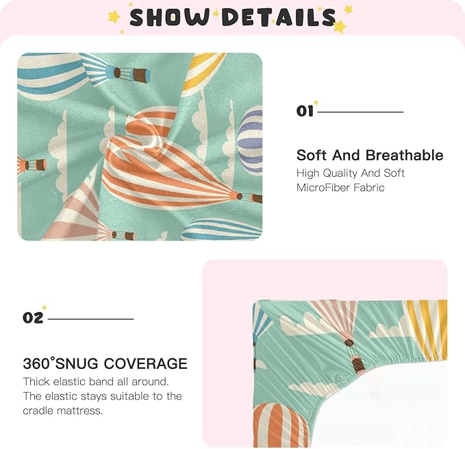 Hot Air Balloon Clouds Crib Sheets for Boys and Girls, Fitted Baby Crib Sheets Soft and Breathable Mini Crib Sheets 52 X 28 X 9 Inches-BubblyBeeBaby