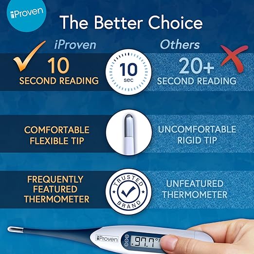 iProven Oral Thermometer, Measures in 10 seconds with flexible tip and fever alarm, Digital Medical Thermometer for adults, kids and toddlers - DTR-1221A-BubblyBeeBaby