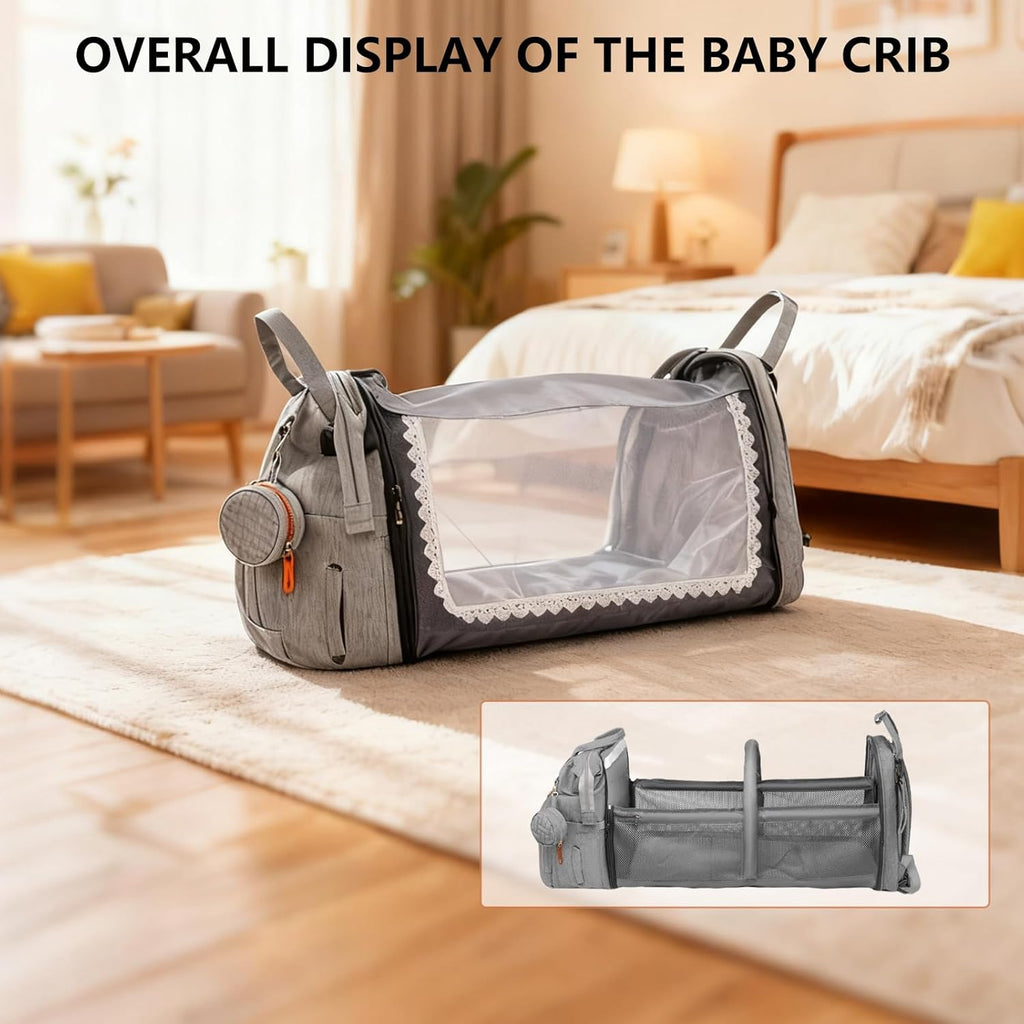 Baby Diaper Bag Backpack with Changing Station, Waterproof Large Capacity Baby Bag with USB Charging Port, Lightweight Travel Backpack Diaper Bag with Portable Crib - Grey