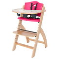 Abiie Beyond Junior Wooden High Chair with Tray - Adjustable and Convertible High Chair for Babies and Toddlers - 6 Months to 250 Lb - Water Resistant - Natural Wood/Raspberry Cushion