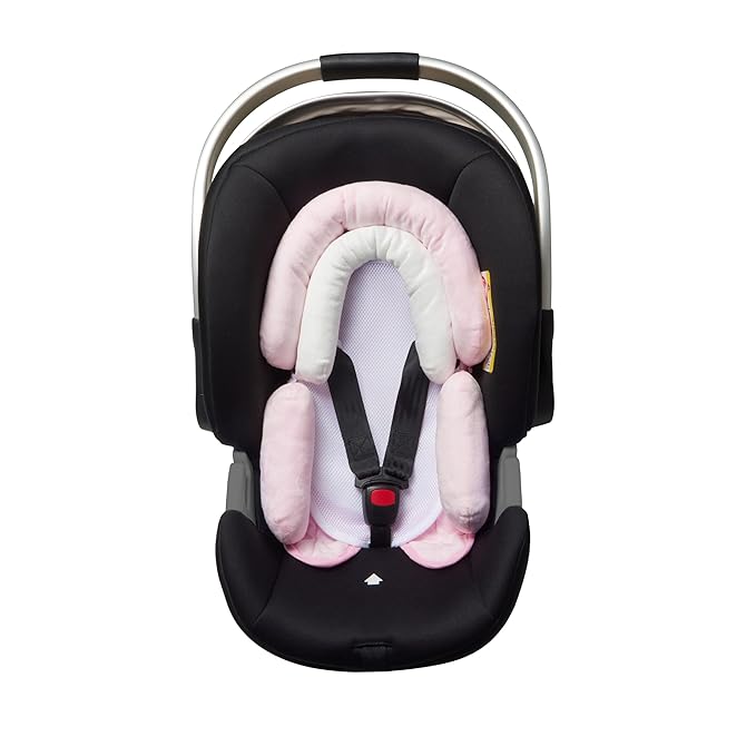 Pro Goleem Breathable 3-in-1 Baby Car Seat Head Support, Soft Infant Car Seat Insert, Carseat Cushion for Newborn, Perfect for Car Seat, Strollers, Swings, Carrier, Bouncer, Pink and White-BubblyBeeBaby