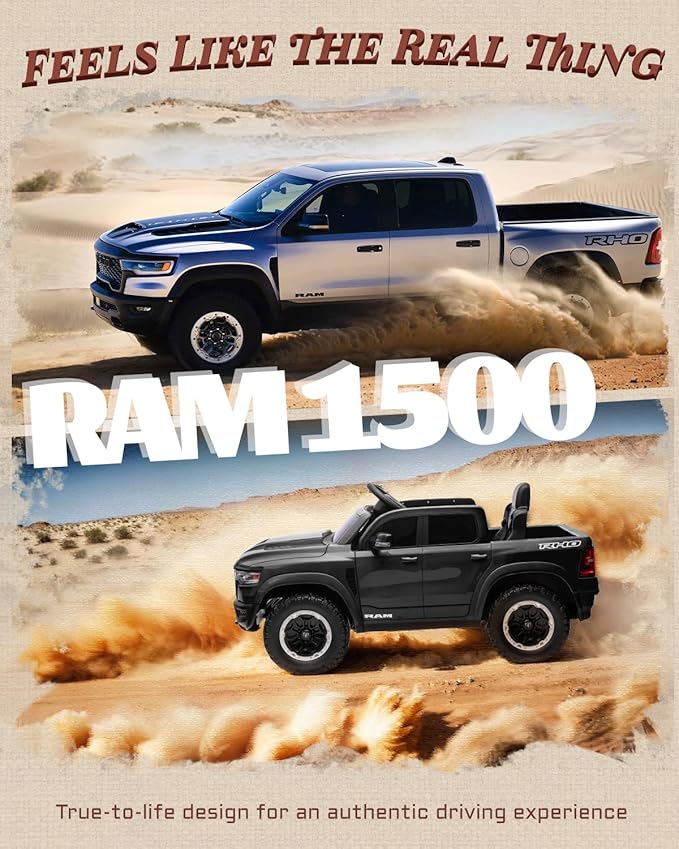 12V Licensed Ram 1500 Ride on Toy for Kids, Toddler Ride on Pickup Truck with Parent Remote Control, Electric Car for Kids with Truck Bed Storage, 3 Point Safety Belt (Black)-BubblyBeeBaby