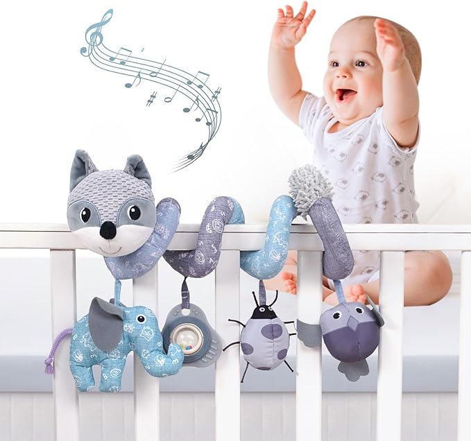 Jollybaby Baby Car Seat Stroller Toys, Plush Activity Hanging Spiral Activity Pram Crib with Music Box, Rattles, Squeaker for Babies Infant Boys Girls(Grey Fox)-BubblyBeeBaby
