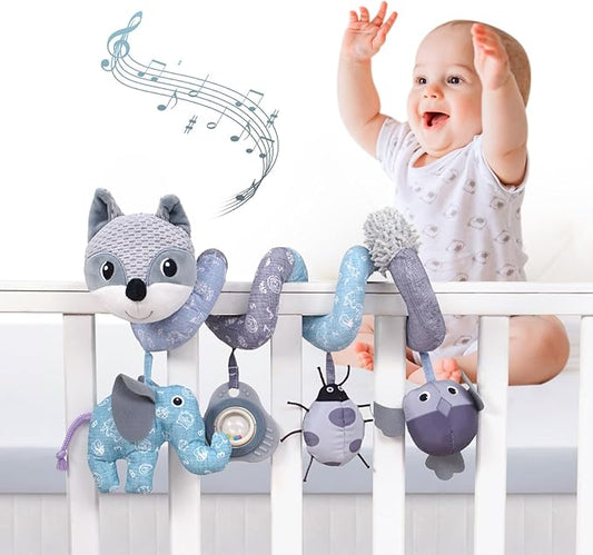 Jollybaby Baby Car Seat Stroller Toys, Plush Activity Hanging Spiral Activity Pram Crib with Music Box, Rattles, Squeaker for Babies Infant Boys Girls(Grey Fox)-BubblyBeeBaby