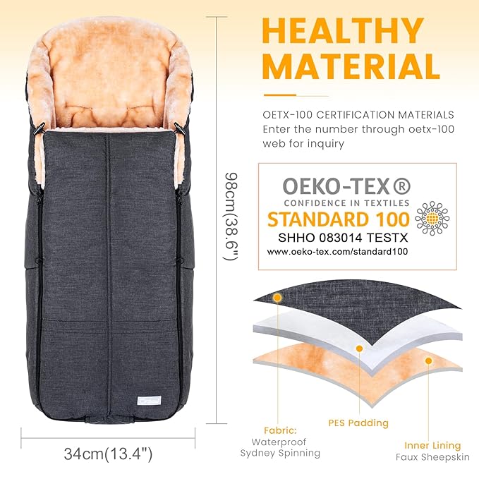 Orzbow Stroller Footmuff Universal | Faux Wool Baby Bunting Bag | Warm, Weather-proof, Adjustable Buckles | Winter Stroller Blanket Cover | Baby Sleeping Bag for Cold Weather Accessories, Dark Grey-BubblyBeeBaby