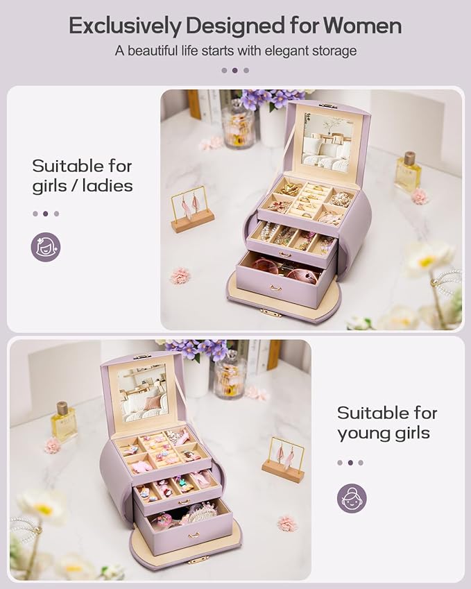 Homde Girls Jewelry Box Jewelry Storage Case Organizer Faux Leather with Mirror for Rings, Earrings, Bracelets, Necklaces (Grey Purple)-BubblyBeeBaby