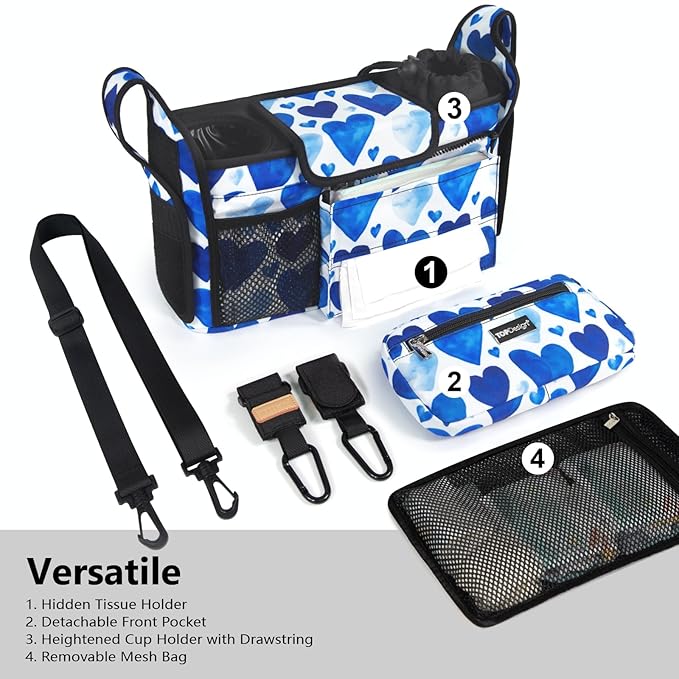 TOPDesign Universal Baby Stroller Organizer, Stroller Caddy with Detachable Mesh Bag & Heightened Insulated Cup Holders & Non-Slip Secure Hooks Accessories, Fits Most Strollers (Love)-BubblyBeeBaby