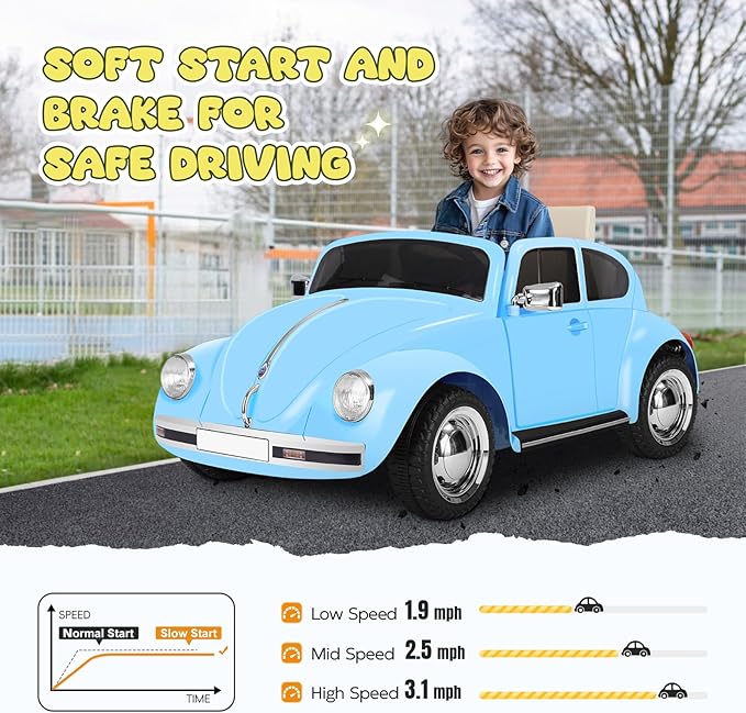 12V Kids Electric Car, Power Wheels with Remote Control, Ride on Car Toys with LED Light, 3 Speeds, Music, Blue-BubblyBeeBaby