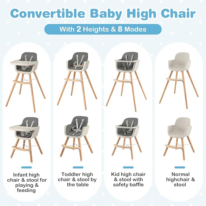 HONEY JOY Baby High Chair, 6-in-1 Eat & Grow Wooden Highchair/Toddler Chair with Removable Tray, 5-Point Harness, PU Cushion and Footrest, Convertible High Chair for Babies and Toddlers(Dark Gray)-BubblyBeeBaby