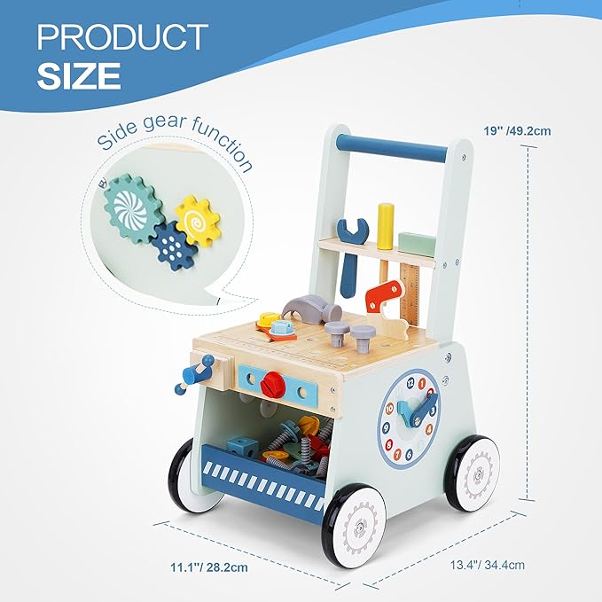 2-in-1 Baby Push Walker - Wooden Push Walker and Tool Toy for Babies - Toddler Learning Activity Walker for Girls Boys 1-3 Years - Educational and Sturdy Construction-BubblyBeeBaby