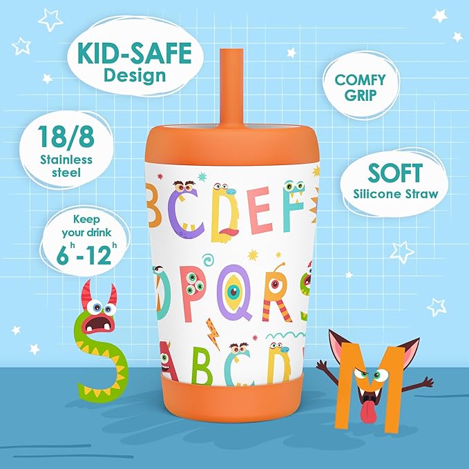 Kid Insulated Stainless Steel Tumbler with Silicone Straw, 12oz Sippy Cup for Kids (Alphabet)-BubblyBeeBaby