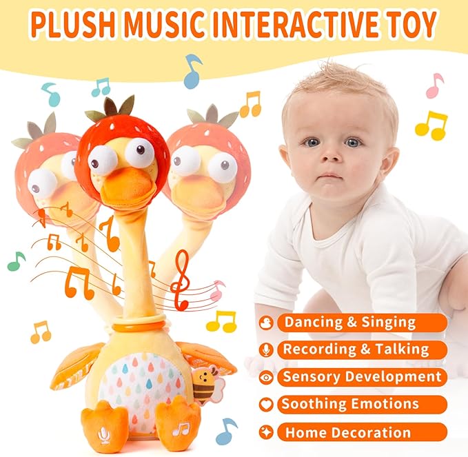 Jollybaby Plush Talking Singing Dancing Musical Strawberry Duck Toy for Toddlers 1-3 Just Like Cactus Toy, Music Mimicking Interactive Toys for Crawling Kids, Sensory Gift for Baby 0-6-12 Month-BubblyBeeBaby