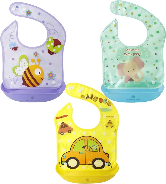 Amplim Baby Feeding Bib (3-Pack) Toddler/Baby Bibs for Eating. Waterproof, Adjustable, Lightweight. Eco-friendly PEVA material. BPA, Lead, Phthalate, Cadmium free-BubblyBeeBaby