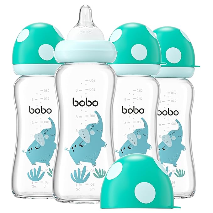 YOHKOH Natural Glass Baby Bottle with Natural Response Nipple, Newborn Anti-Colic Baby Bottles, Wide Neck Mushroom Cap Baby Bottle, Clear (8.8ounce (Pack of 4), Blue2)-BubblyBeeBaby