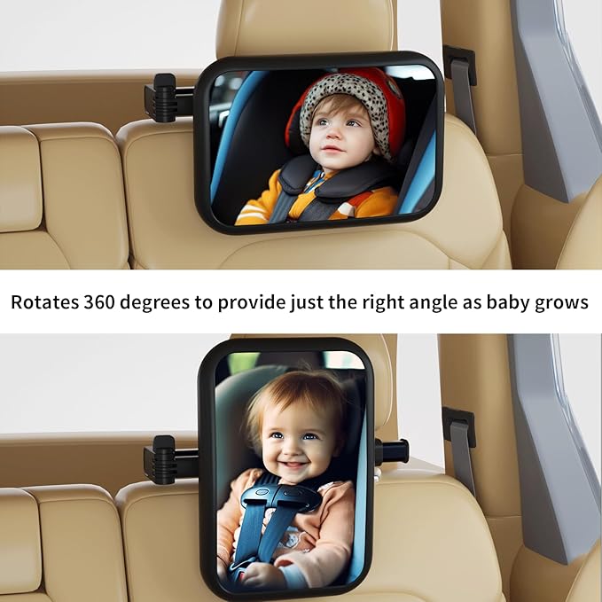 Baby Car Mirror Rear Facing, Safety Adjustable Car Seat Mirror for Baby Extendable Camera Monitor with Hook Clip Design Clear View ShatterProof + 2 Baby on Board Stickers,2 Seat Headrest Hook-BubblyBeeBaby