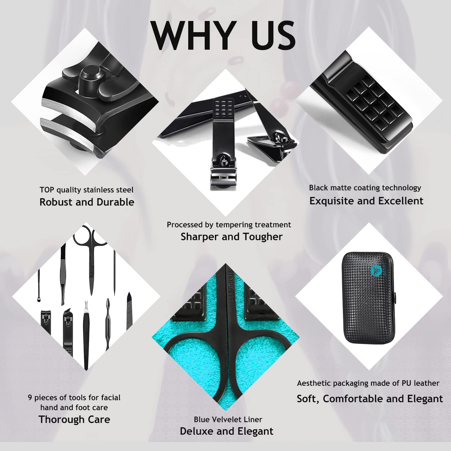 Manicure Set 9 in 1 Stainless Steel, Nail Clippers Scissors Pedicure Tools Kit - Portable Travel Grooming Kit for Men and Women with Black/Blue Leather Case (Blue)