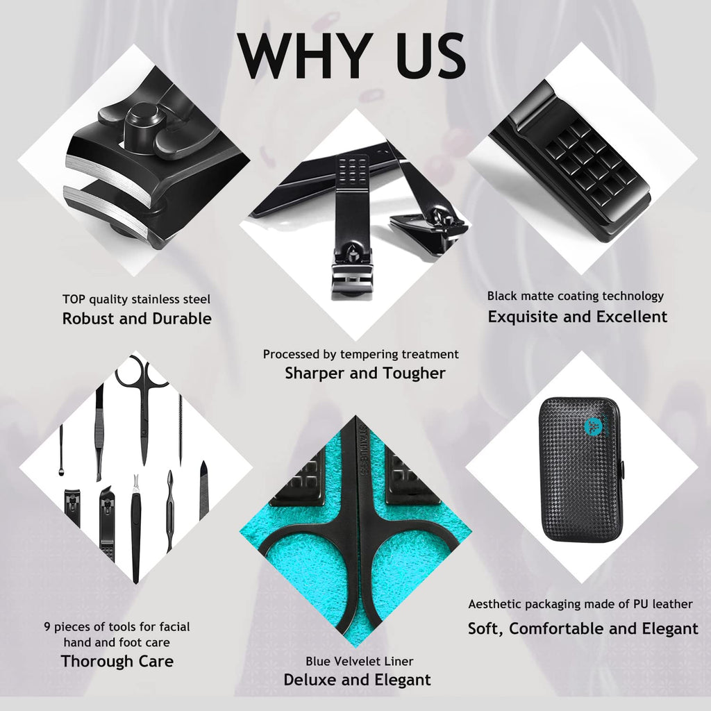 Manicure Set 9 in 1 Stainless Steel, Nail Clippers Scissors Pedicure Tools Kit - Portable Travel Grooming Kit for Men and Women with Leather Case (Blue-BIG Nail Clipper)