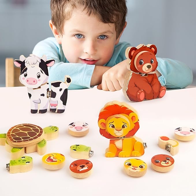 HUZU Animal Snap Wooden Building Blocks – Fun & Educational Puzzle Toy for Kids Aged 3-8, Features Cow, Bear, Lion and Turtle, Matching Game with Interchangeable Animal Faces & Emotions-BubblyBeeBaby