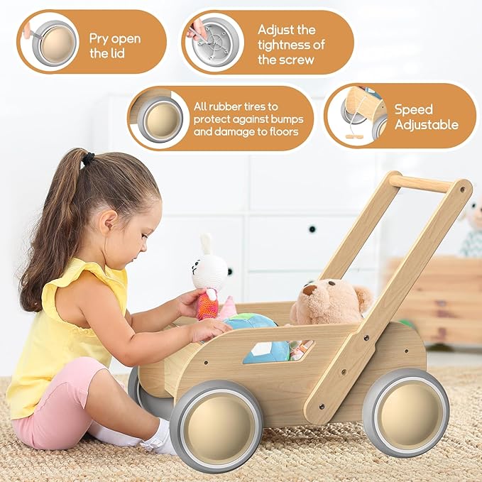 2025 HOMEKOL Wooden Baby Walker, Baby Walker, Adjustable Speed for Boys and Girls, Baby Activity Center, Birthday, Christmas and New Year's Gift, Log Color-BubblyBeeBaby