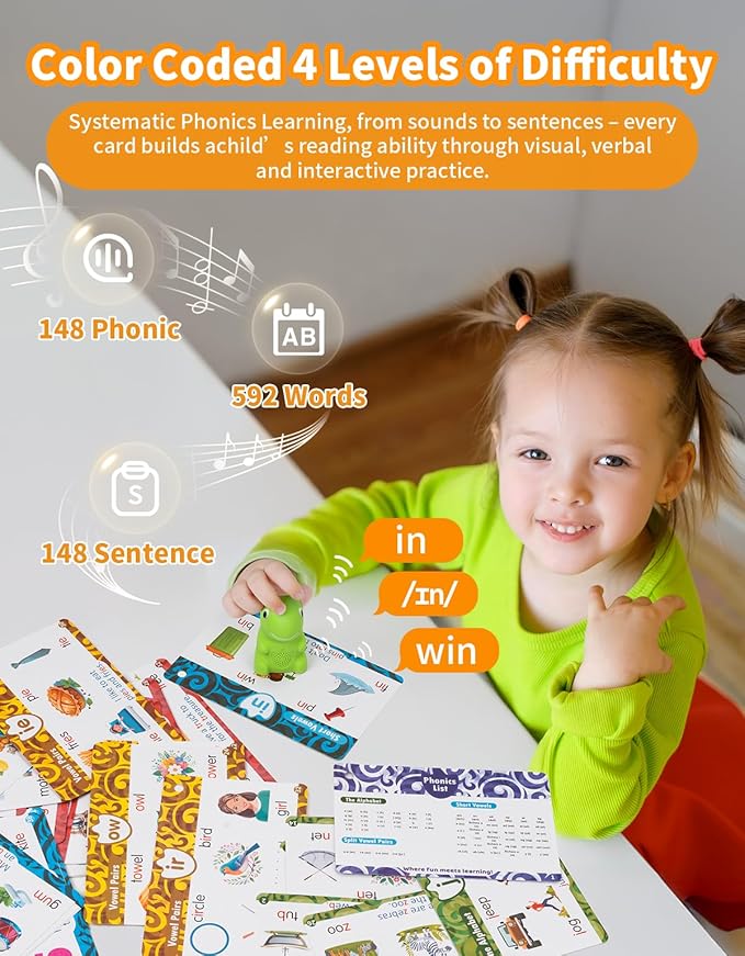 Interactive Dinosaur Talking Pen for Kids – Montessori Reading Toy with Phonics Flash Cards for Toddlers Ages 1-6, Speech Therapy & Autism Sensory Gift (Green, Phonics)-BubblyBeeBaby