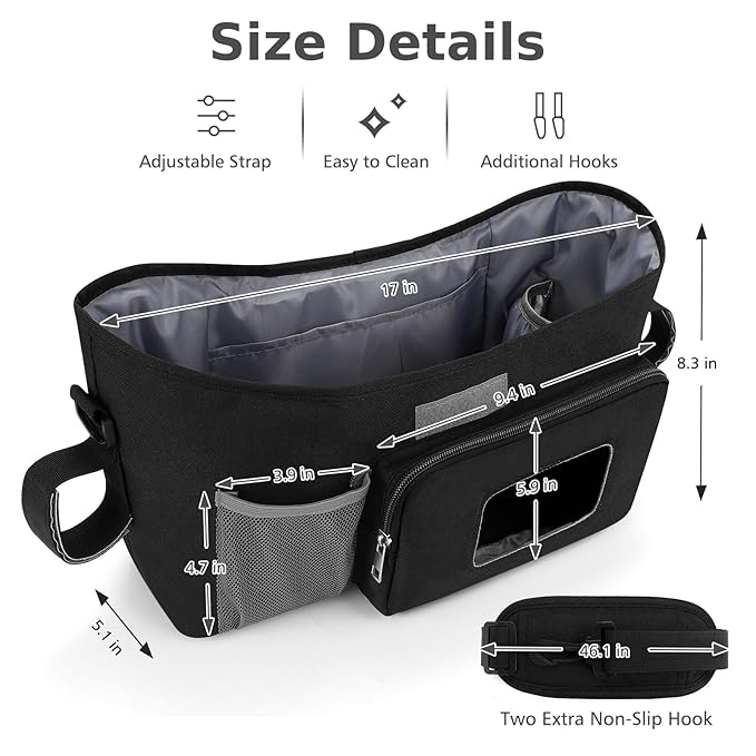 Accmor Universal Stroller Organizer with Insulated Cup Holder, Stroller Caddy Bag Accessories, Stroller Cup Holder Organizer for Uppababy Baby Jogger Britax Stroller, Black-BubblyBeeBaby