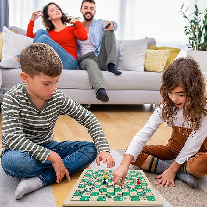 Juegoal 7-in-1 Wooden Board Game Set for Kids Adults, Tabletop Combo Classic Travel Portable Board Games (Chess, Checkers, Chinese Checkers, Backgammon, Parcheesi, Snakes and Ladders, Tic Tac Toe)-BubblyBeeBaby