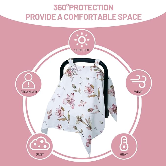 80S Muslin Car Seat Cover for Babies - Soft & Breathable Infant Carrier Canopy, Lightweight Sunshade for Summer, Universal Fit for Baby Boys & Girls-BubblyBeeBaby