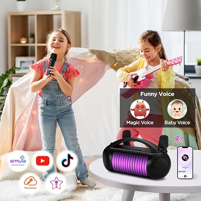 Karaoke Machine Portable Bluetooth Speaker with 2 Wireless Microphones Rechargeable Karaoke Machine for Kid and Adult Party PA Speaker Multiple LED Light Mode Support TWS/Radio/AUX/REC-BubblyBeeBaby