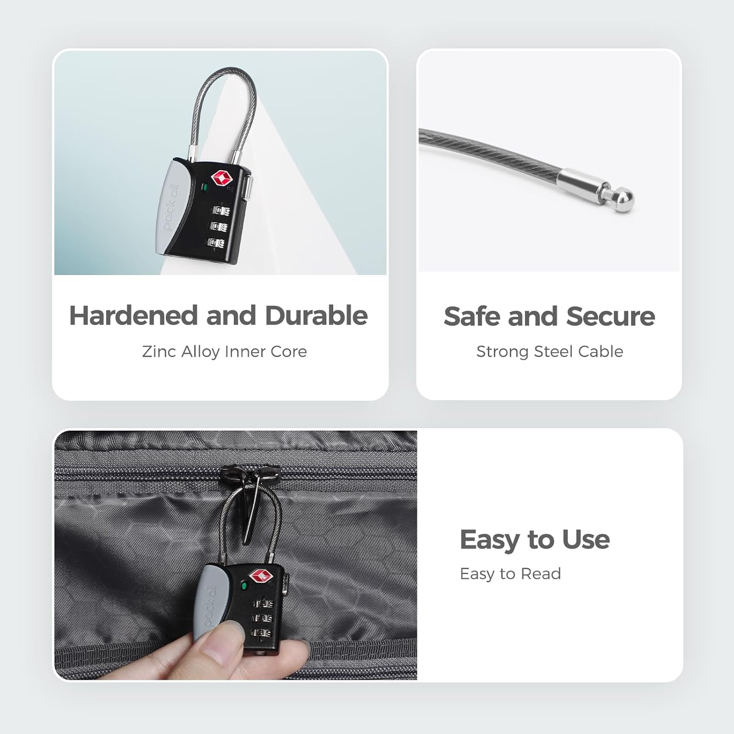 pack all TSA Approved Cable Luggage Locks, 3 Digit Combination Padlocks, Travel Lock for Suitcases & Bag, Alloy Body, Travel Accessories (1 Pack)（Grey）