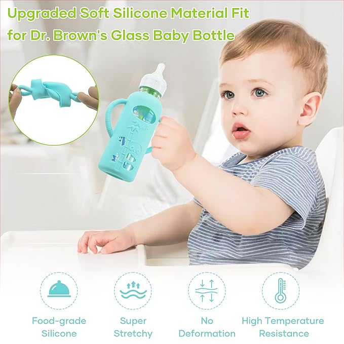 4 Pack Silicone Sleeves for Dr. Brown's Glass Baby Bottles, Anti Breakage Durable Baby Bottle Holder with Easy Grip Handles, Narrow Sleeve with a Cutout, Dishwasher/Freezer/Microwave Safe, 8 oz-BubblyBeeBaby