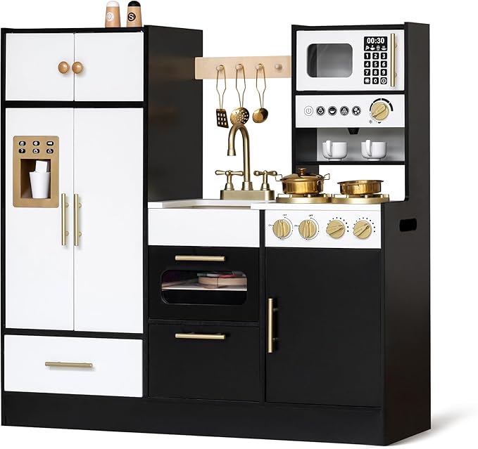 Interactive Wooden Play Kitchen for Kids 3+ Realistic Stove Sounds & Ice Maker Pretend Playset with 12 Kitchen Accessories Montessori Toy-BubblyBeeBaby