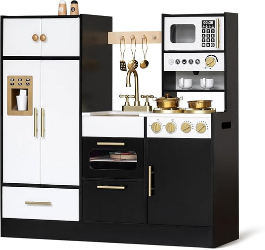 Interactive Wooden Play Kitchen for Kids 3+ Realistic Stove Sounds & Ice Maker Pretend Playset with 12 Kitchen Accessories Montessori Toy-BubblyBeeBaby