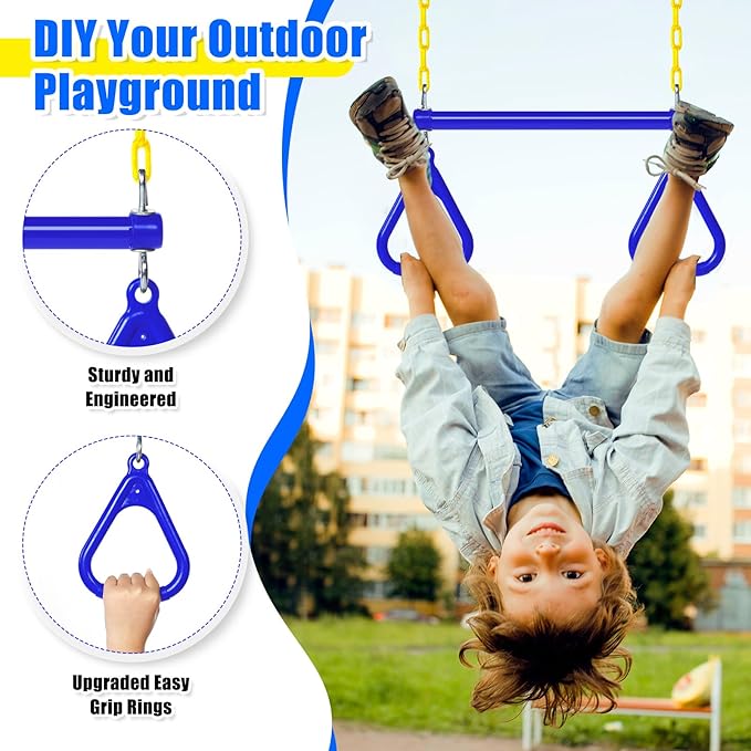 Hungdao 2 Set Gym Ring Trapeze Swing Bar and Climbing Rope with Platforms Disc Heavy Duty Coated Chains Seat Accessories for Outdoor Indoor Playground Backyard(Blue)-BubblyBeeBaby