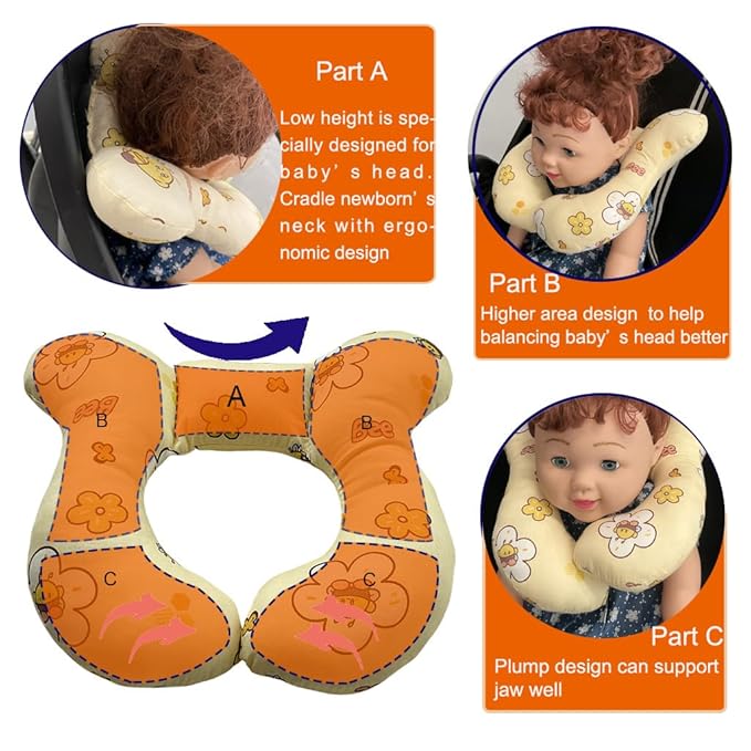 Baby Neck Pillows, Comfortable Baby Travel Head Neck Support Pillow for Car Seat Stroller Pushchair, Soft PP Cotton Travel Pillow for 0-1 Year Old Toddler Infant Newborn, Bee-BubblyBeeBaby