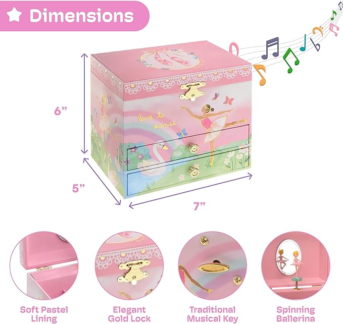 Jewelkeeper Jewelry Box for Girls - Spinning Ballerina Doll to Swan Lake Tune Music Box - Pink Jewelry Boxes for Girls with 2 Drawers - Ideal for Storing Necklaces and Bracelets - 7Lx5Hx6W Inches-BubblyBeeBaby