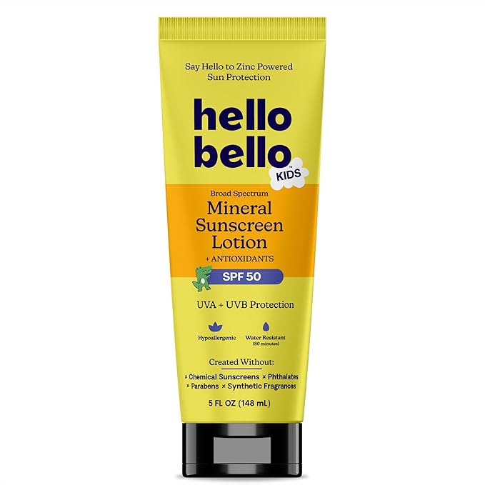 Hello Bello Kids Mineral Sunscreen SPF 50 Lotion - Broad Spectrum Sun Protection for Sensitive Skin - Water Resistant with Antioxidants - 5oz-BubblyBeeBaby