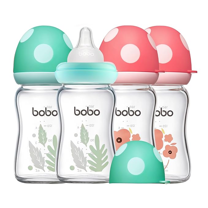 YOHKOH Natural Glass Baby Bottle with Natural Response Nipple, Newborn Anti-Colic Baby Bottles, Wide Neck Mushroom Cap Baby Bottle, Clear ((5.4oz (Pack of 4), Multicolour)-BubblyBeeBaby