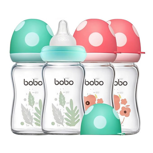 YOHKOH Natural Glass Baby Bottle with Natural Response Nipple, Newborn Anti-Colic Baby Bottles, Wide Neck Mushroom Cap Baby Bottle, Clear ((5.4oz (Pack of 4), Multicolour)-BubblyBeeBaby