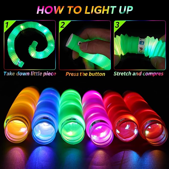 24 PCS LED Pop Tubes, Light Up Glow Tubes, Glow in the Dark Party Supplies, Sensory Toys Birthday Party Favors for Kids, Light Up Toys-BubblyBeeBaby