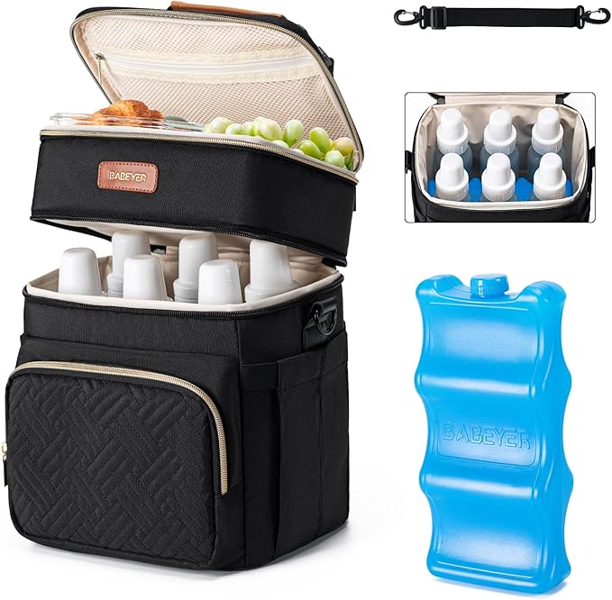 Insulated Breastmilk Cooler Bag with Ice Pack - Holds 6x9oz Bottles, Leakproof Double Layer, Baby Bottle Cooler Bag with Adjustable Strap for Nursing Moms, Daycare & Travel-BubblyBeeBaby