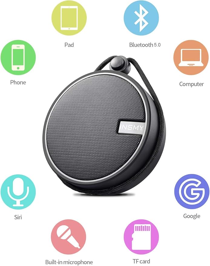 INSMY C12 IPX7 Waterproof Shower Bluetooth Speaker, Portable Small Speaker, Speakers Bluetooth Wireless Loud Clear Sound Support TF Card Suction Cup for Kayak Canoe Beach Gift (Black)-BubblyBeeBaby